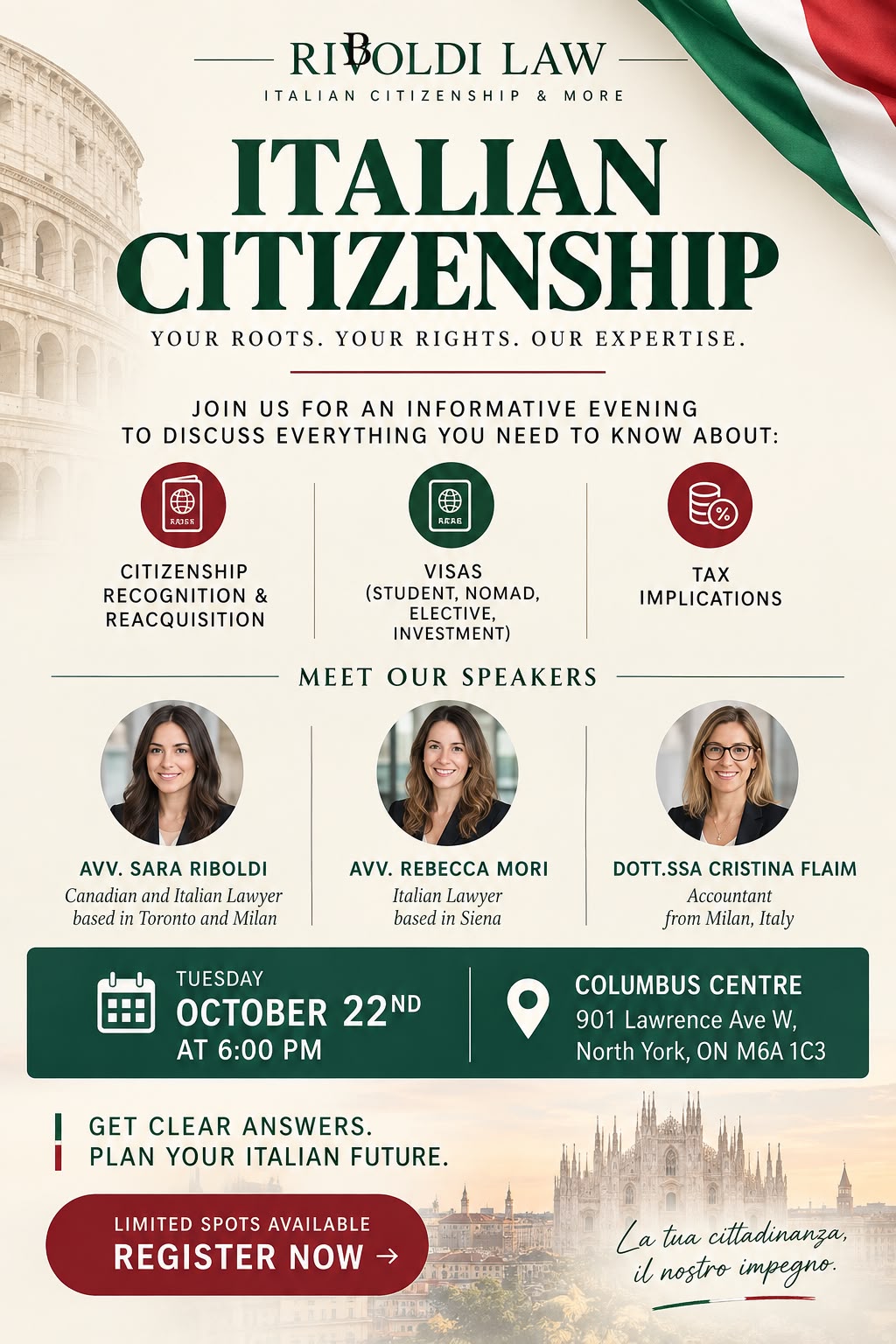 Riboldi Law event poster for an Italian Citizenship evening at the Columbus Centre on October 22nd.